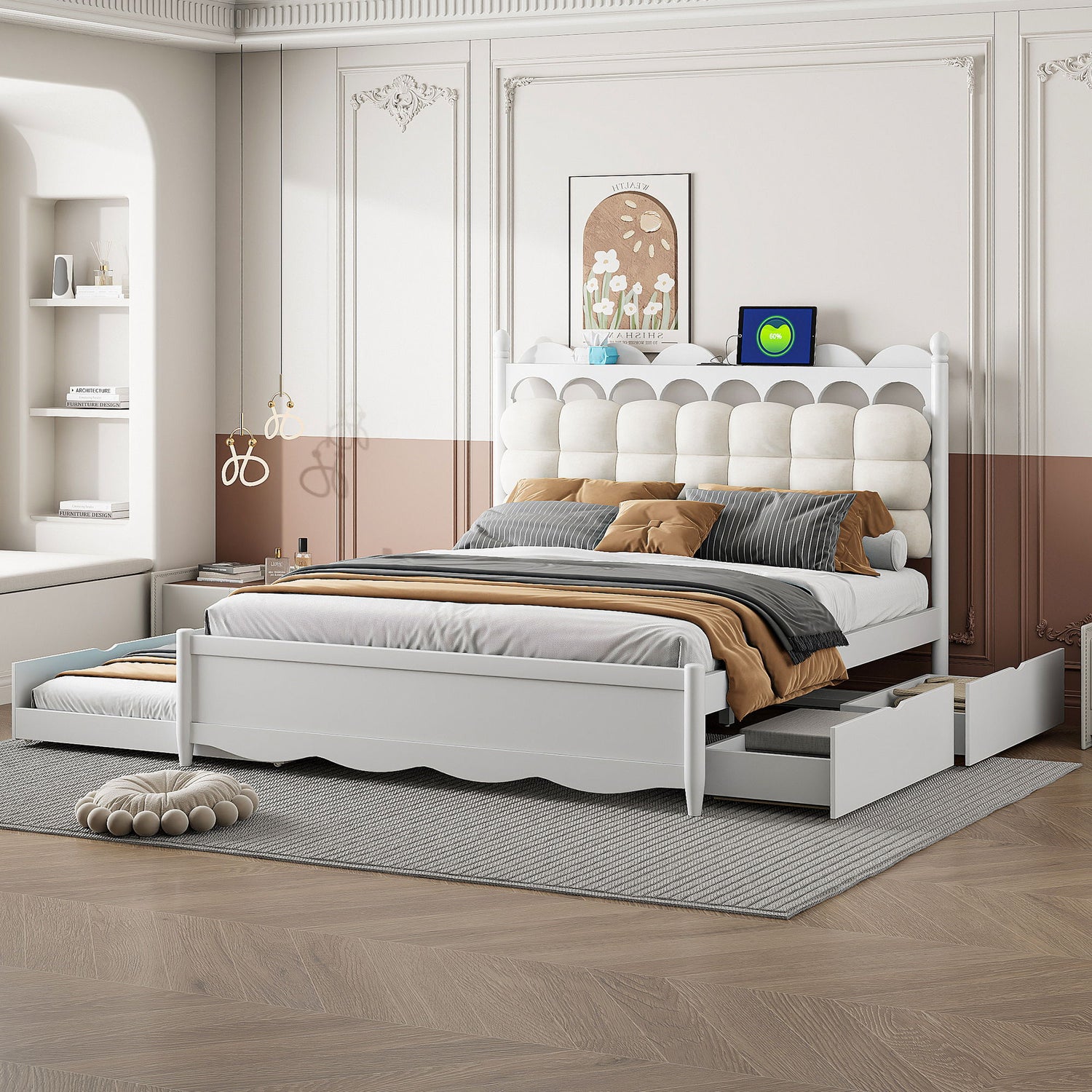 Storage Platform Bed, With 2 Big Drawers, Trundle, One Set Of Sockets &amp; USB Ports