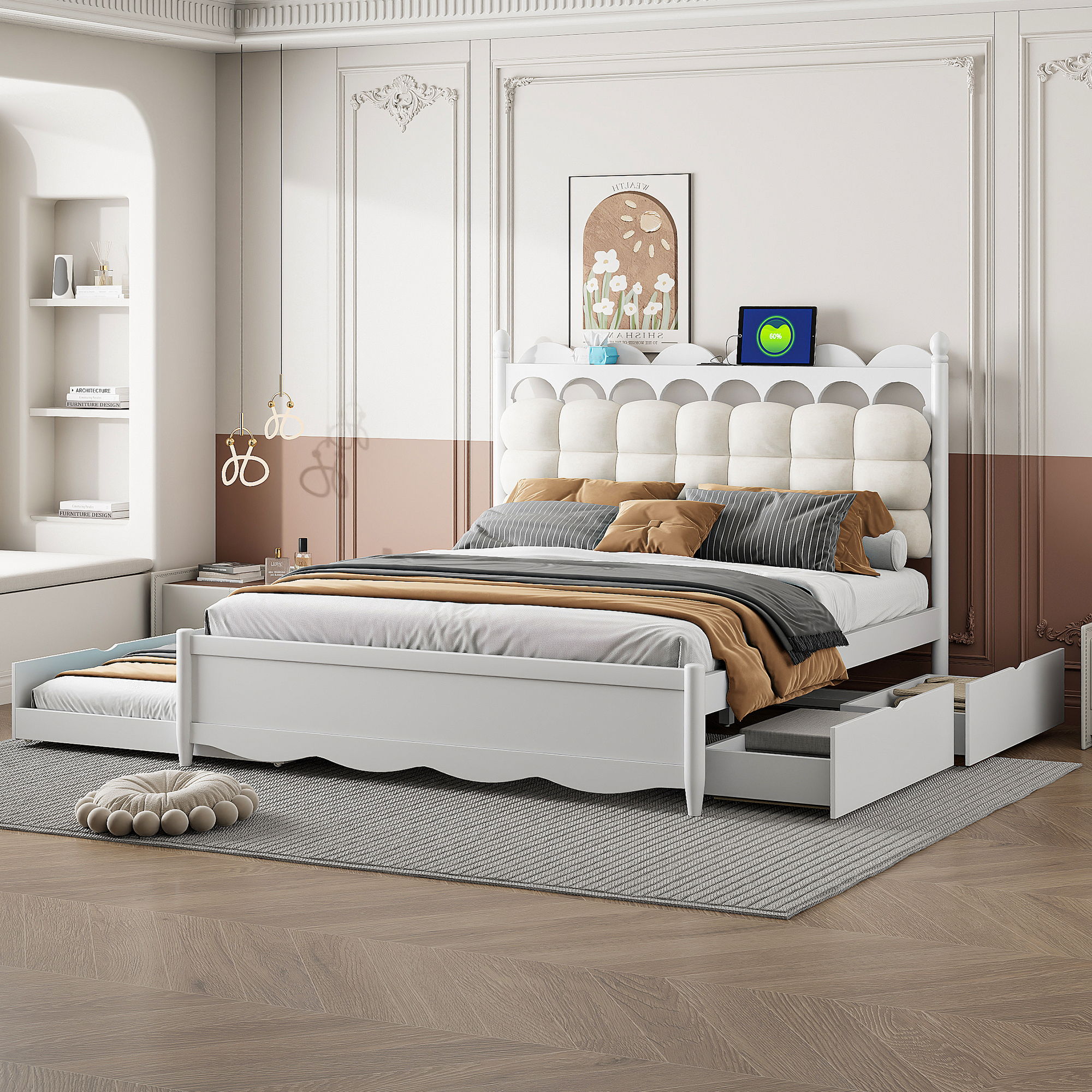 Storage Platform Bed, With 2 Big Drawers, Trundle, One Set Of Sockets &amp; USB Ports