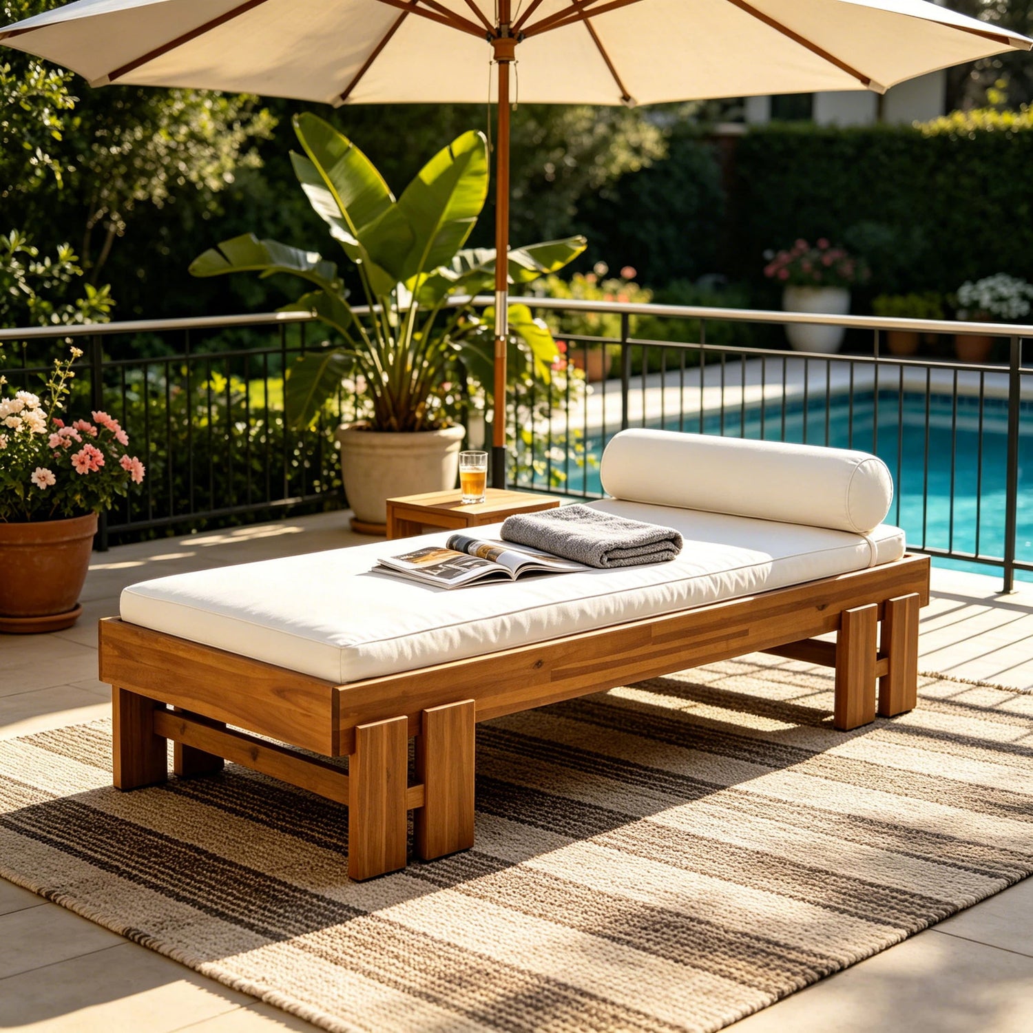 Daybed With Cushion &amp; Pillow, Low Profile Design For Indoor / Outdoor Use - Cream / Teak