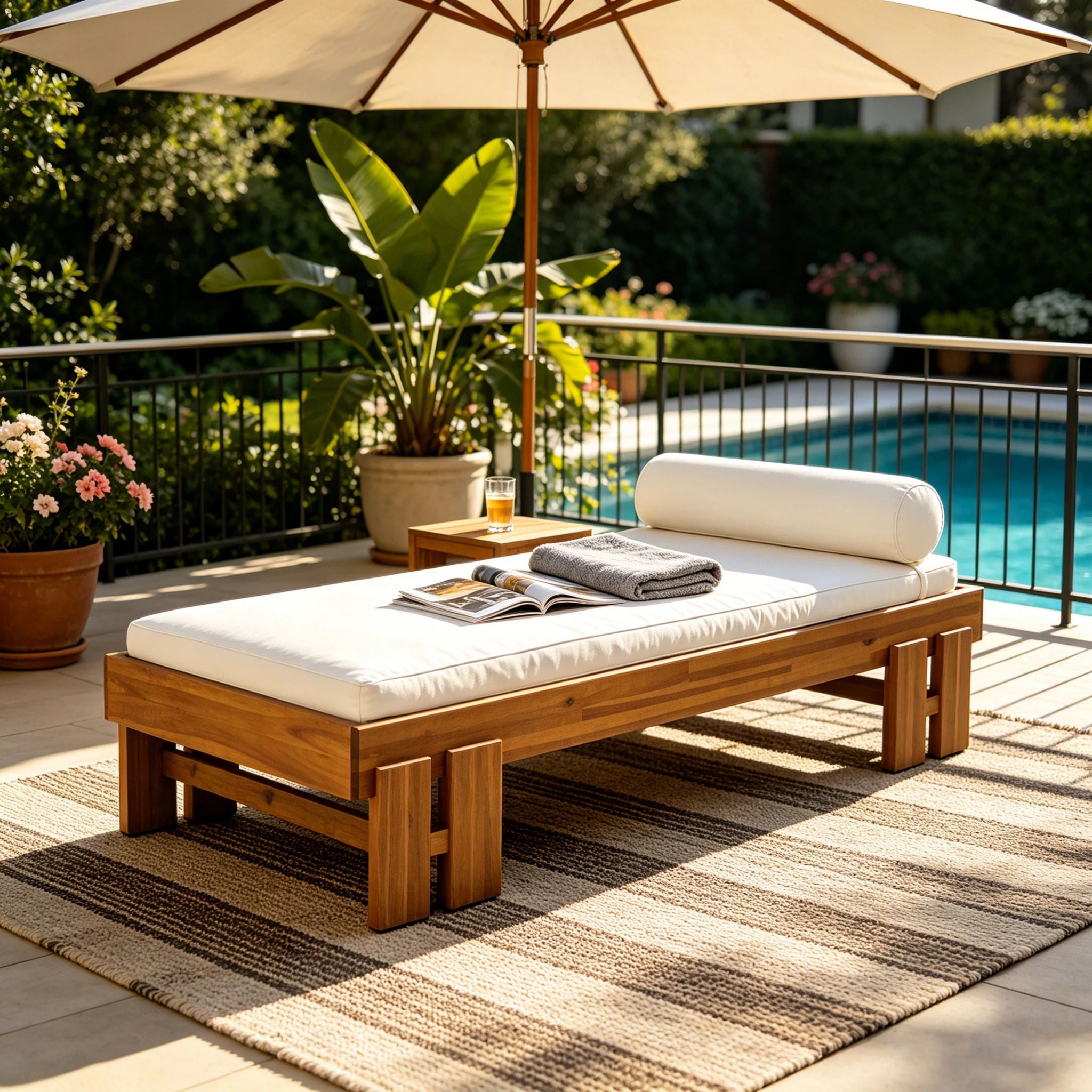 Daybed With Cushion &amp; Pillow, Low Profile Design For Indoor / Outdoor Use - Cream / Teak