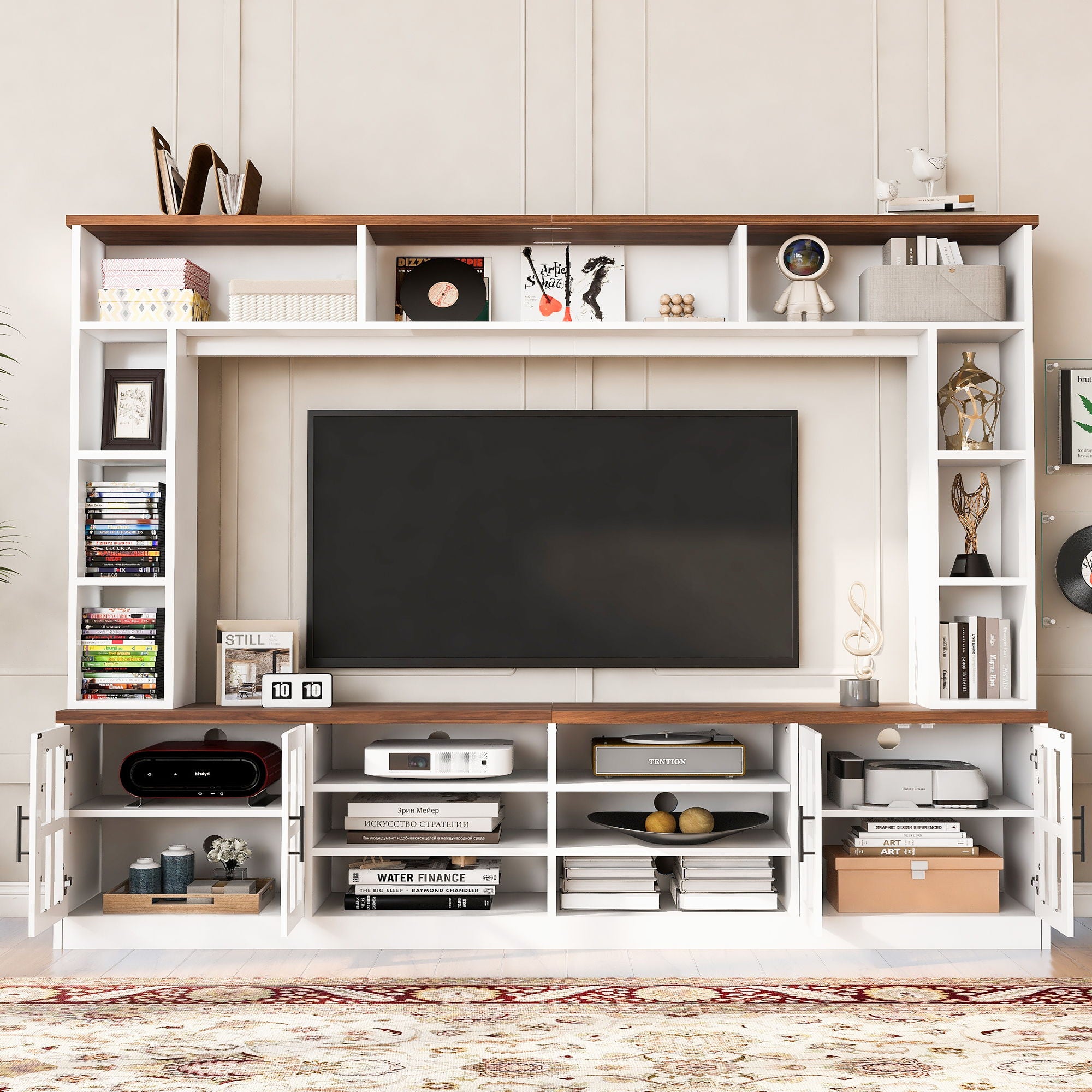 Wall Unit Entertainment Center With Bookshelves For TVs Up To 80&quot;, Tempered Glass Doors And Adjustable Shelves