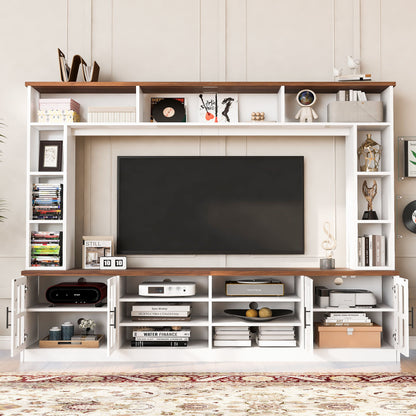 Wall Unit Entertainment Center With Bookshelves For TVs Up To 80&quot;, Tempered Glass Doors And Adjustable Shelves