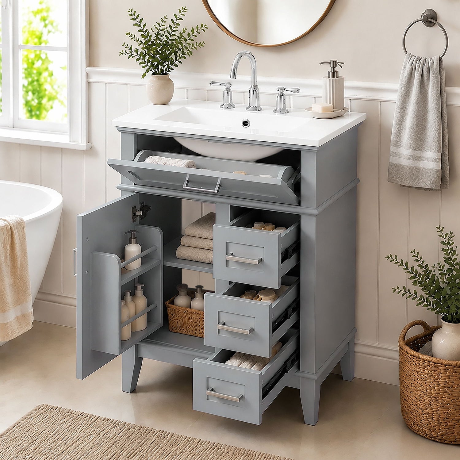 Modern Bathroom Vanity With Sink, Flip Drawer &amp; 3 Drawers, Soft Close Hinges, Adjustable Shelf
