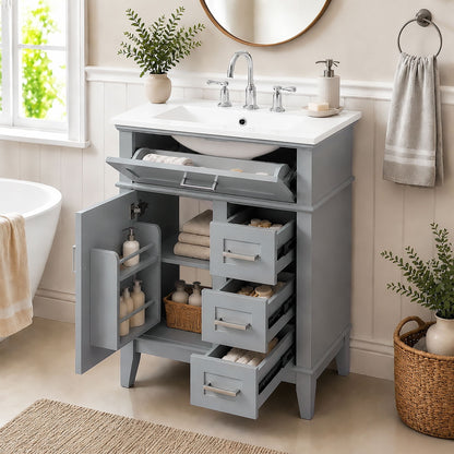 Modern Bathroom Vanity With Sink, Flip Drawer &amp; 3 Drawers, Soft Close Hinges, Adjustable Shelf