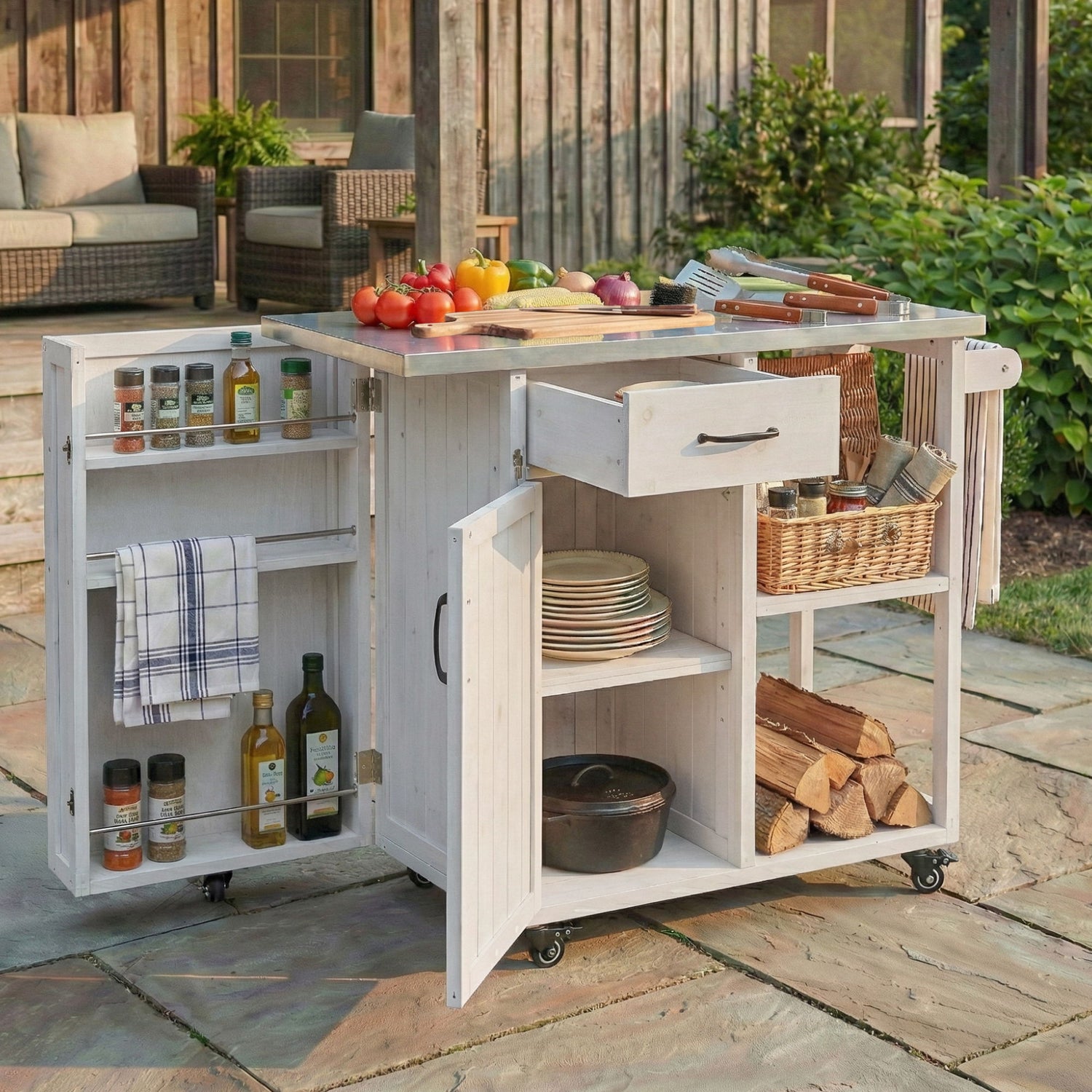 Outdoor Kitchen Island Prep Station With Lockable Wheels, Ample Storage, Towel &amp; Spice Racks