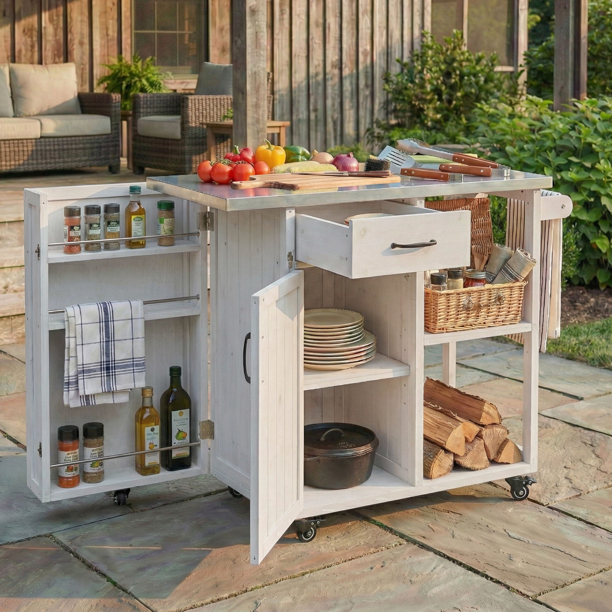 Outdoor Kitchen Island Prep Station With Lockable Wheels, Ample Storage, Towel &amp; Spice Racks
