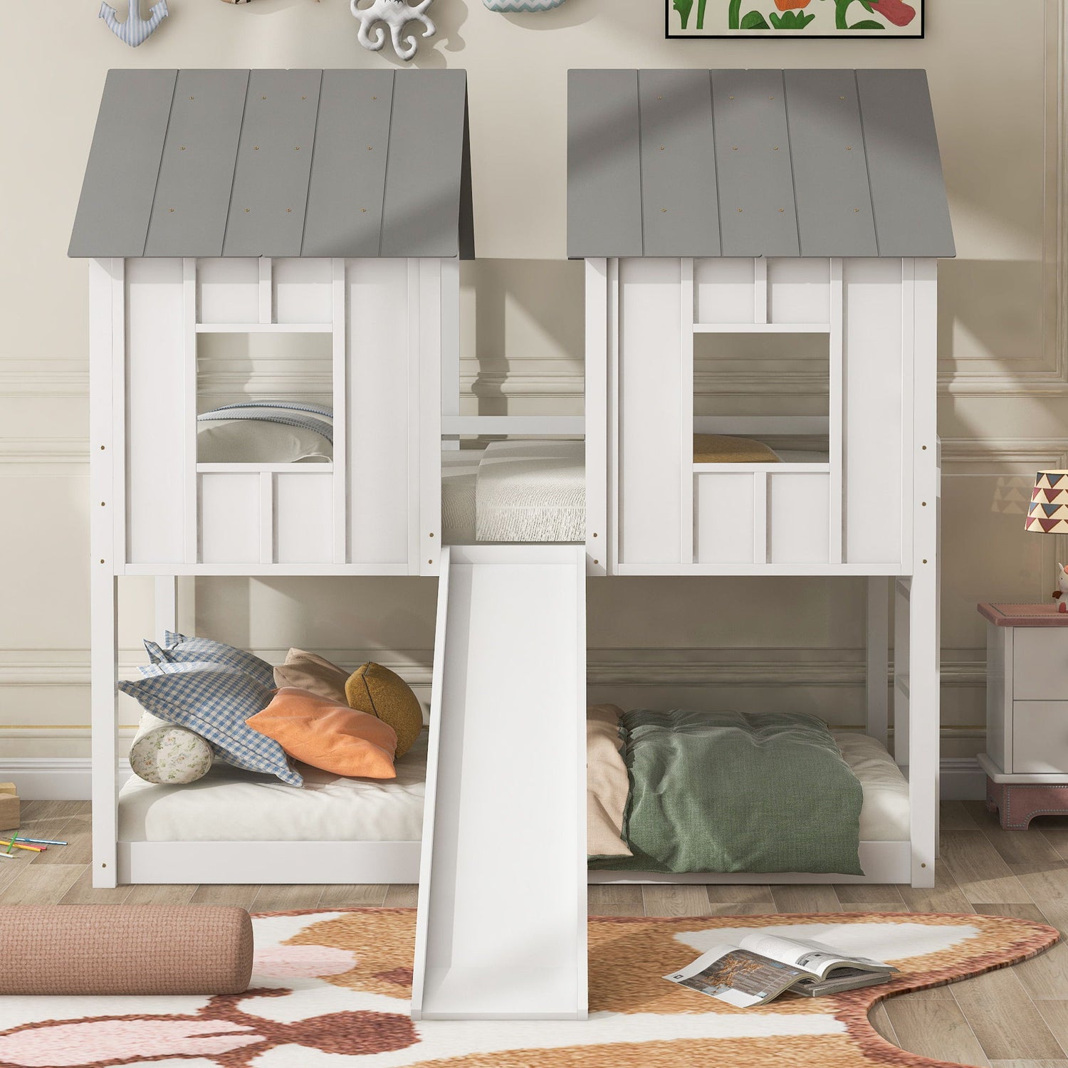 Twin Over Twin House Bunk Bed With Slide And Windows - White / Gray