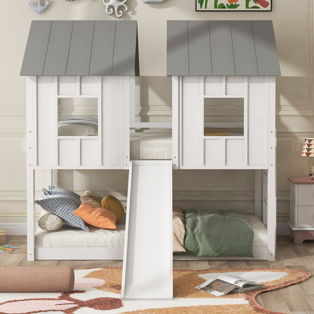 Twin Over Twin House Bunk Bed With Slide And Windows - White