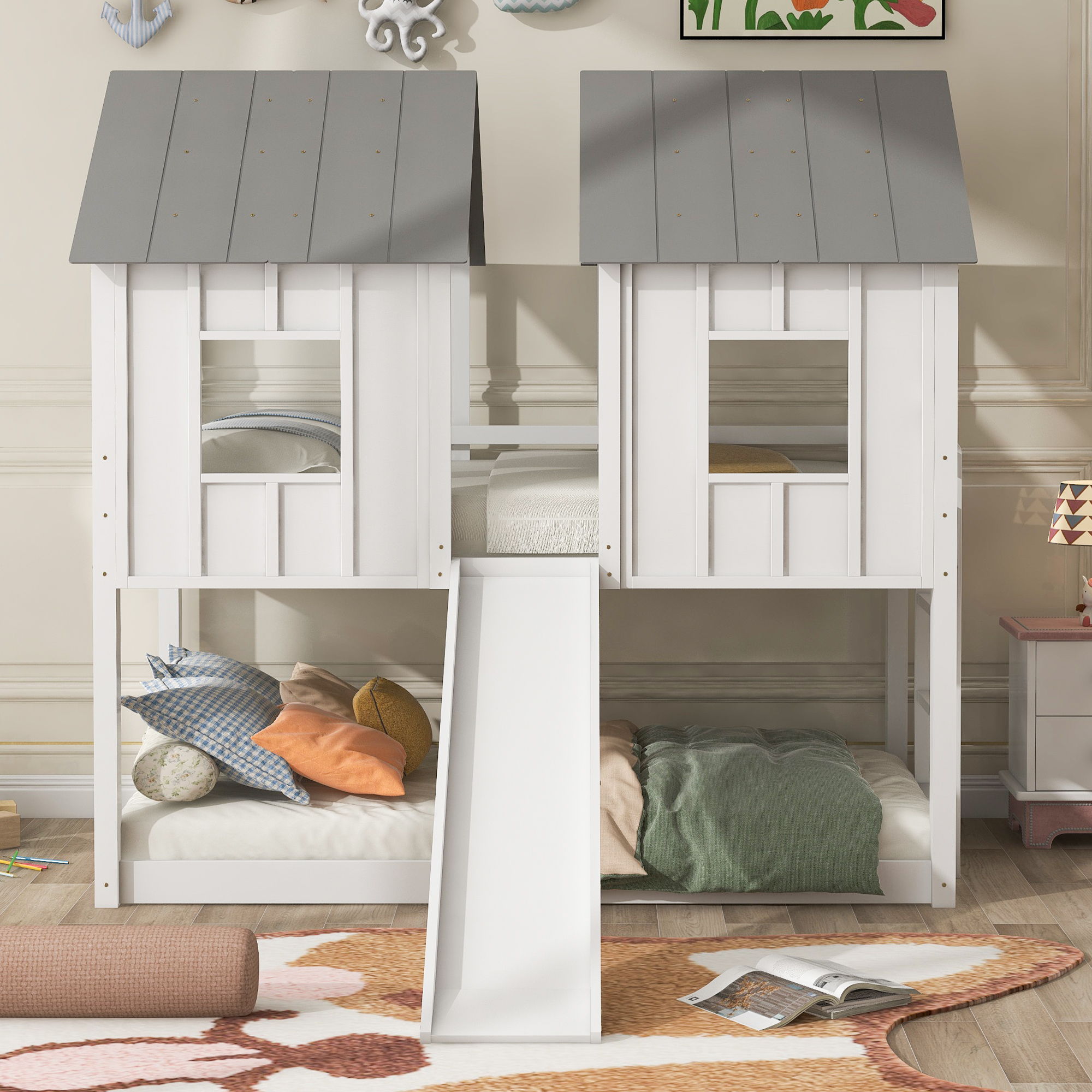 Twin Over Twin House Bunk Bed With Slide And Windows - White