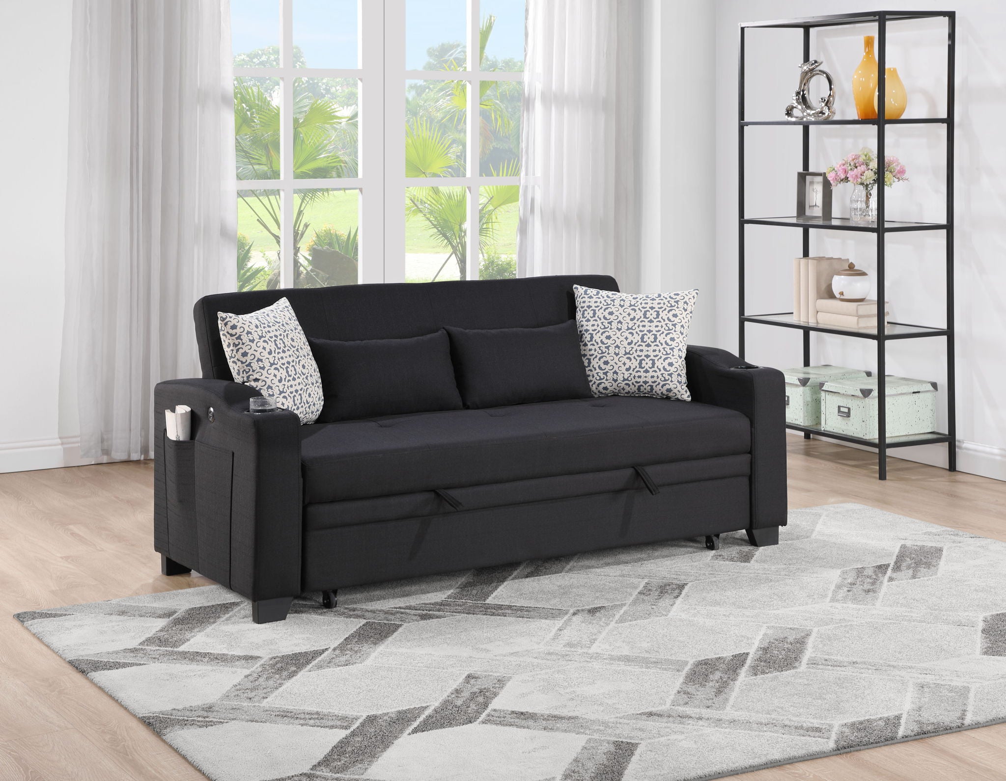 Bennett - 71&quot;W Fabric Convertible Sleeper Loveseat with USB Charger and Cupholders