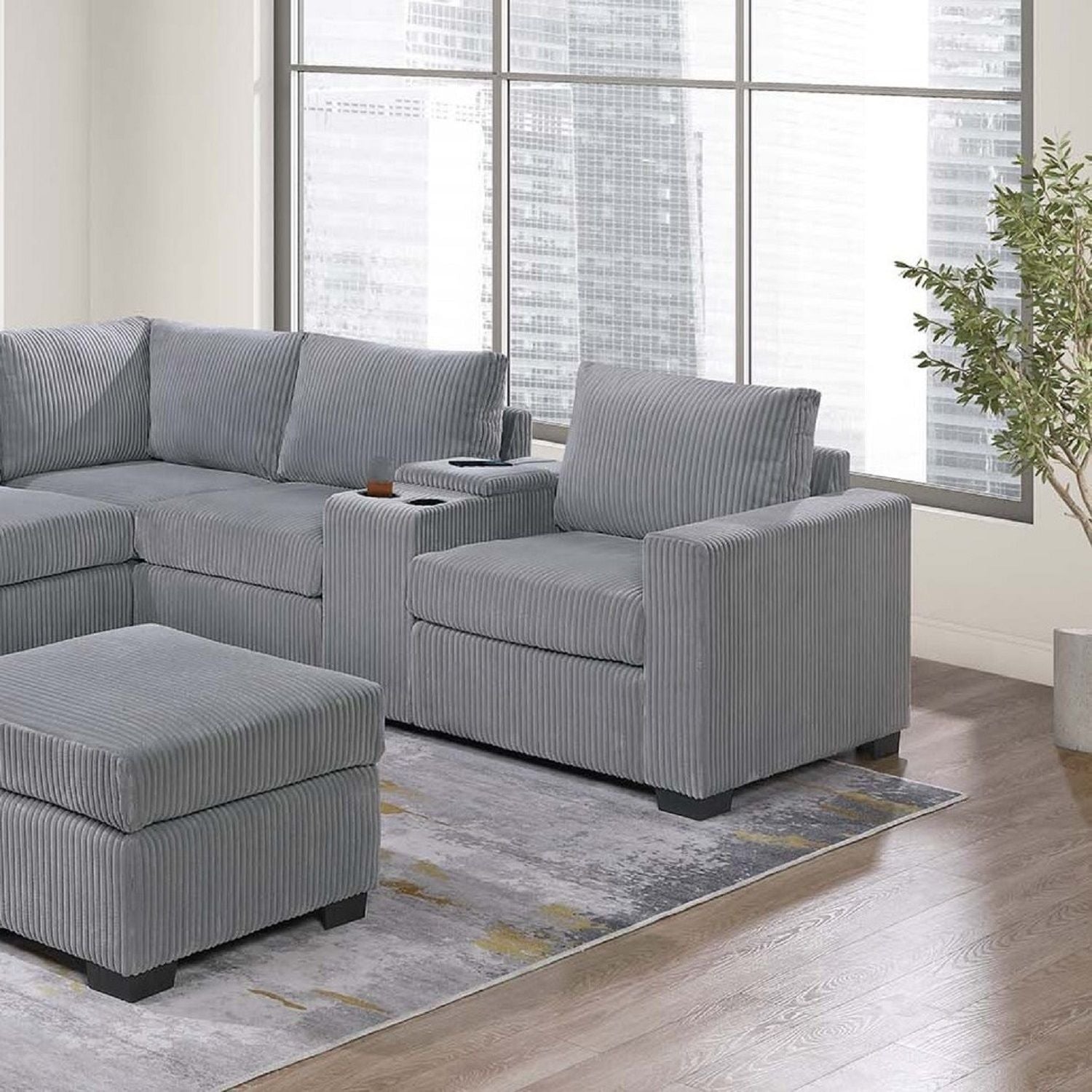 Contemporary L-Shaped Sectional Set With USB Console &amp; Ottoman