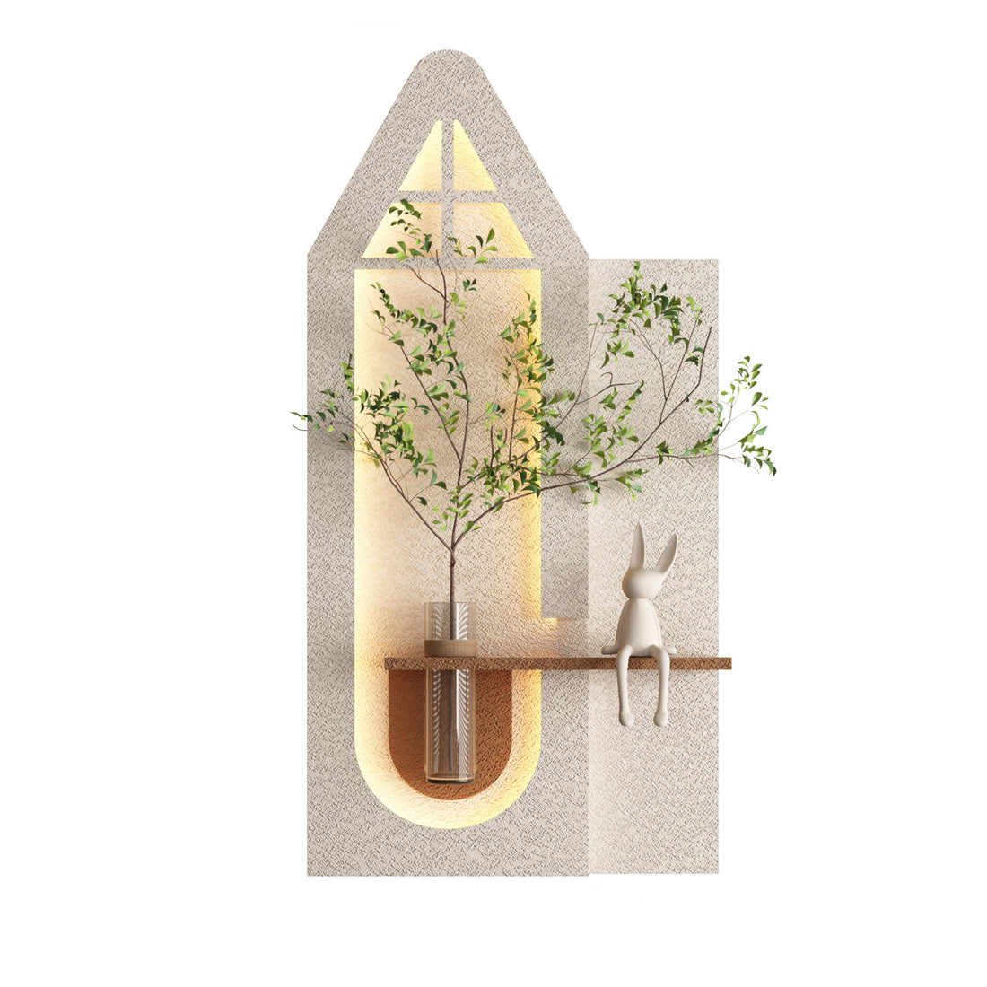 Adjustable 3 Color LED Sandstone Wall Decor With Simulated Plants, Glass Vase &amp; Rabbit Statue - Light Coffee