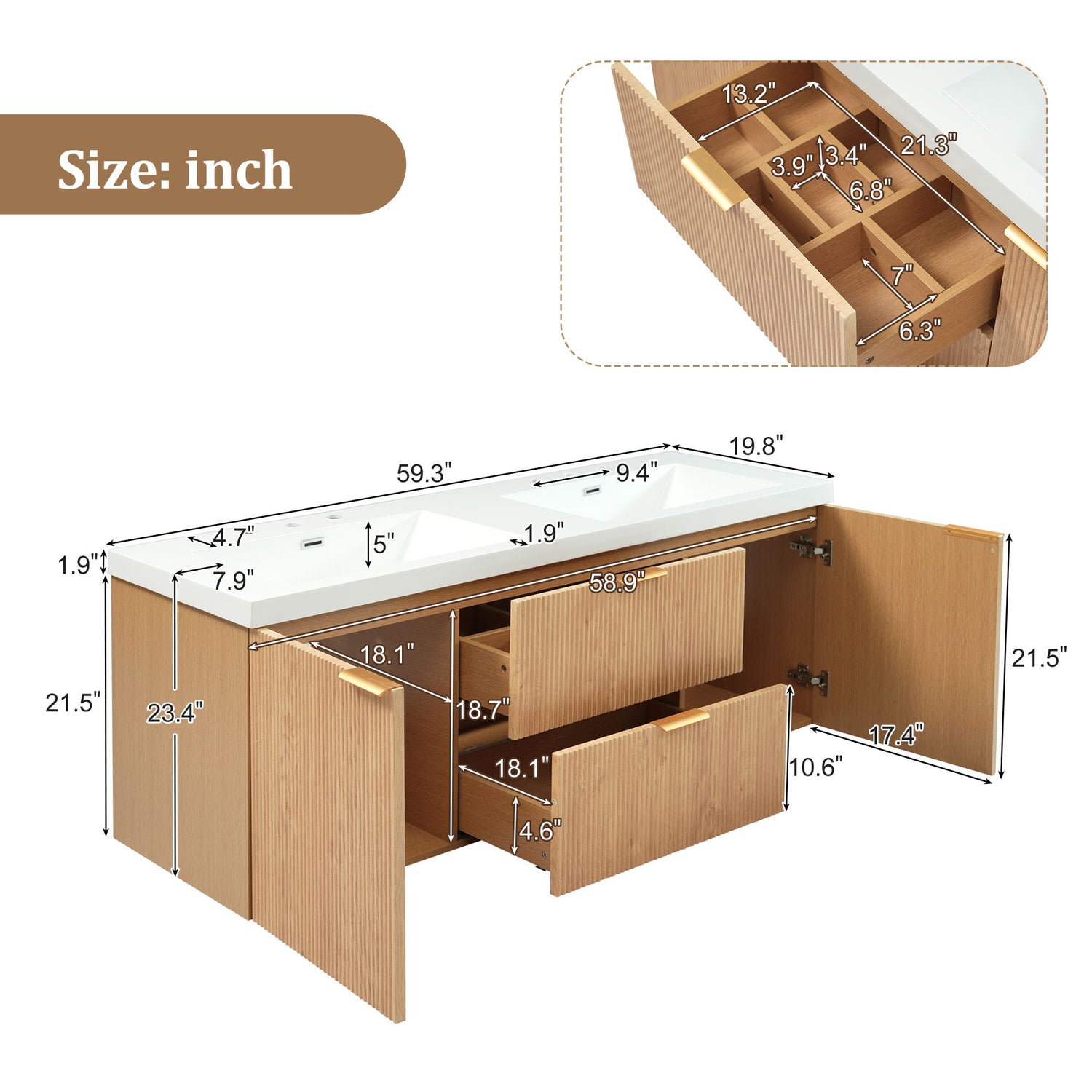 59.3&quot; Double Sink Bathroom Vanity With Smc Resin Top, Painted Cabinet, Soft Close Doors, Wall Mounted - Wood