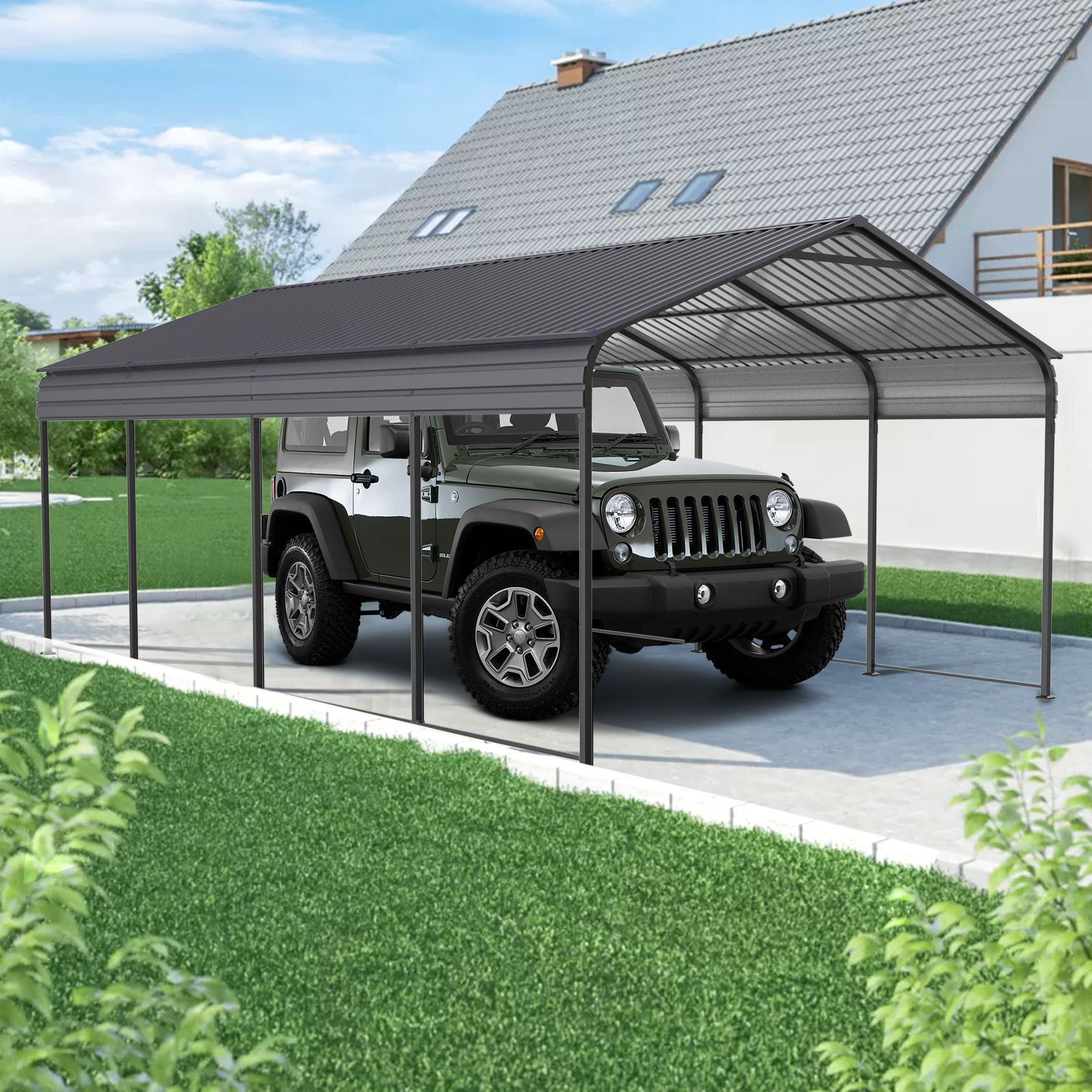 Metal Carport 12 X 20 Ft Heavy Duty With Galvanized Steel Roof Metal Garage Canopy With Galvanized Steel Roof &amp; Frame Car Tent Outdoor Storage Shed For Car Boats And Truck - Alabaster / Dark Gray