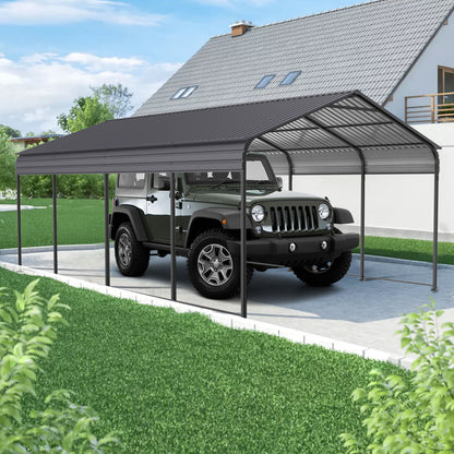 Metal Carport 12 X 20 Ft Heavy Duty With Galvanized Steel Roof Metal Garage Canopy With Galvanized Steel Roof &amp; Frame Car Tent Outdoor Storage Shed For Car Boats And Truck - Alabaster / Dark Gray