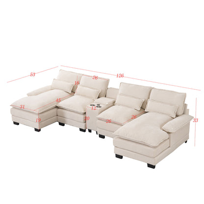 U Shaped Sofa With Console, Cupholders, USB Ports, 6 Seat, Bronzing Suede &amp; Chenille
