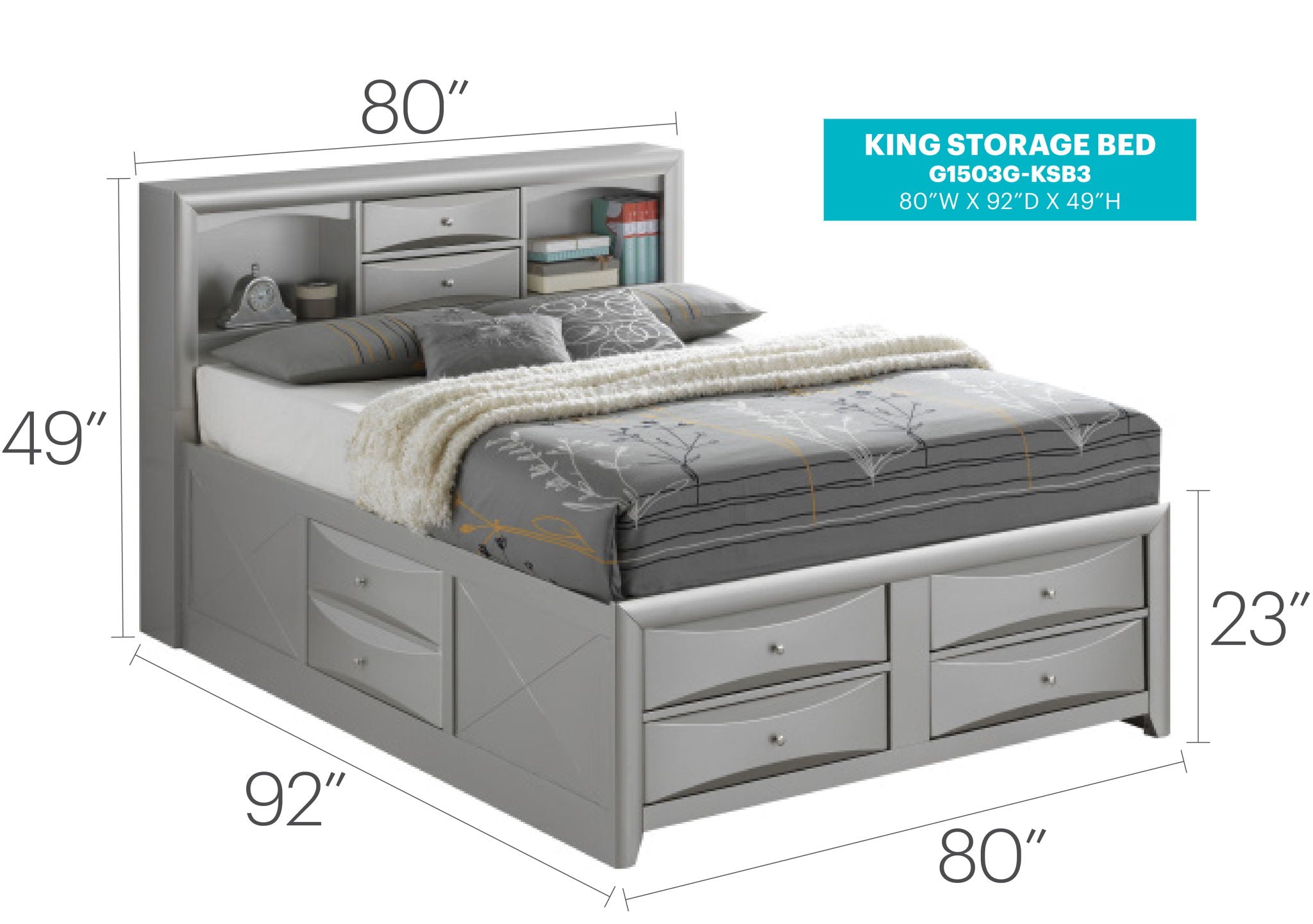 Modern Design Storage Bed With Bookcase Headboard