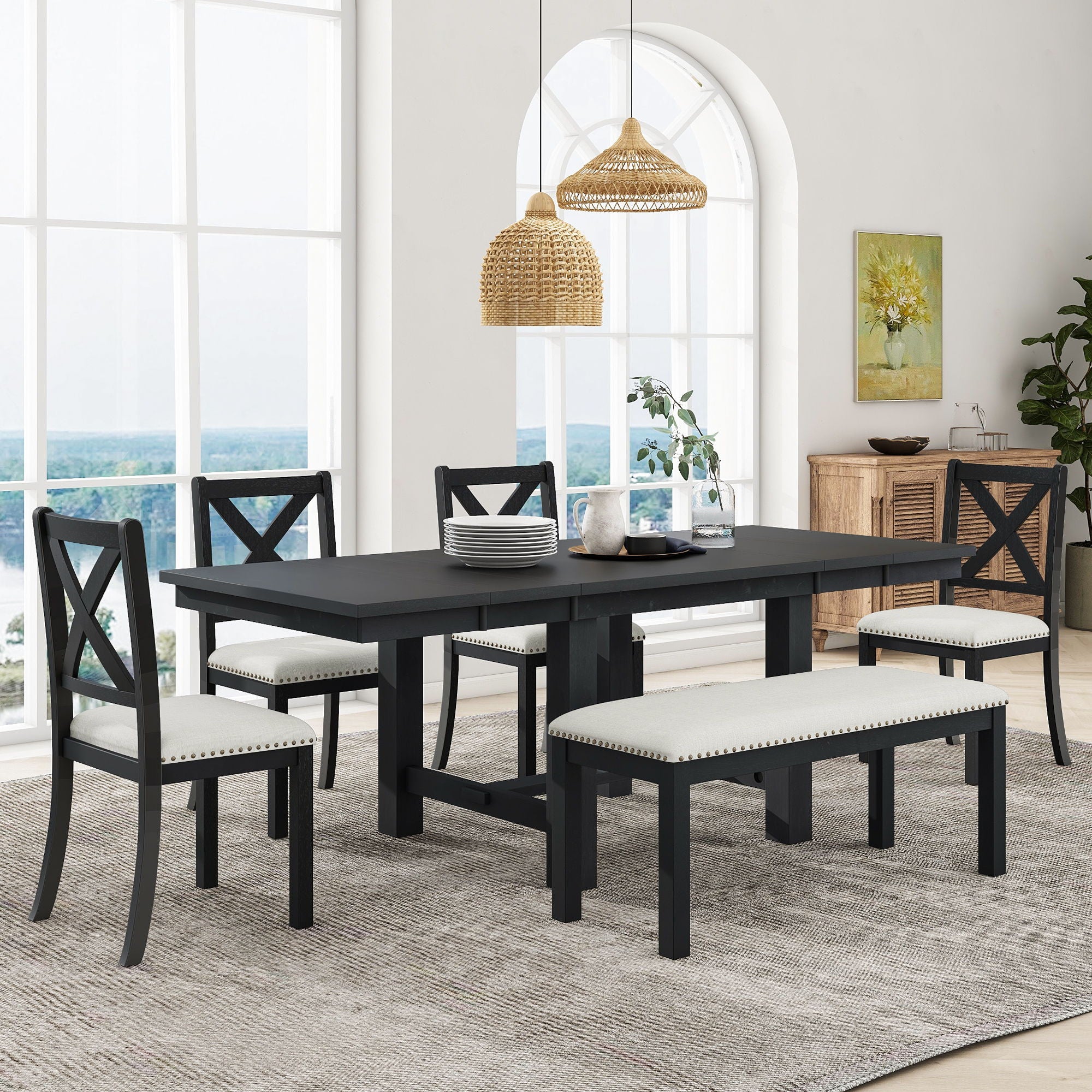 Topmax - 6 Piece Farmhouse Extendable Dining Table With Footrest, 4 Upholstered Dining Chairs And Dining Bench, Two 11&quot; Removable Leaf