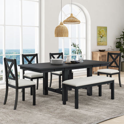 Topmax - 6 Piece Farmhouse Extendable Dining Table With Footrest, 4 Upholstered Dining Chairs And Dining Bench, Two 11&quot; Removable Leaf