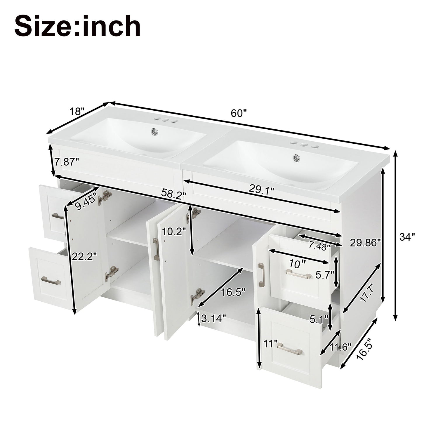 Bathroom Vanity With 2 Doors, 2 Drawers, Adjustable Shelf, Hidden Slides &amp; Soft Close Hinges