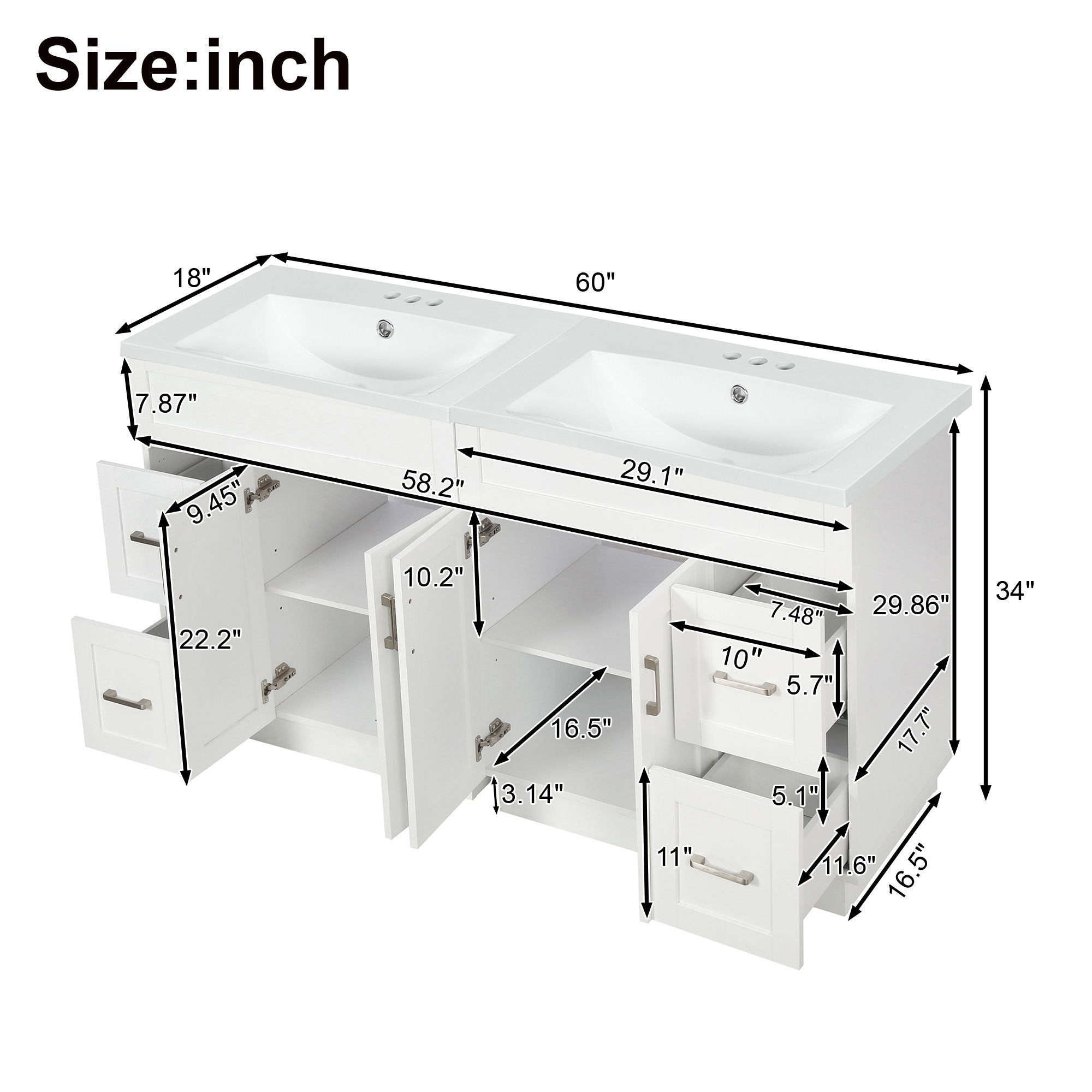 Bathroom Vanity With 2 Doors, 2 Drawers, Adjustable Shelf, Hidden Slides &amp; Soft Close Hinges