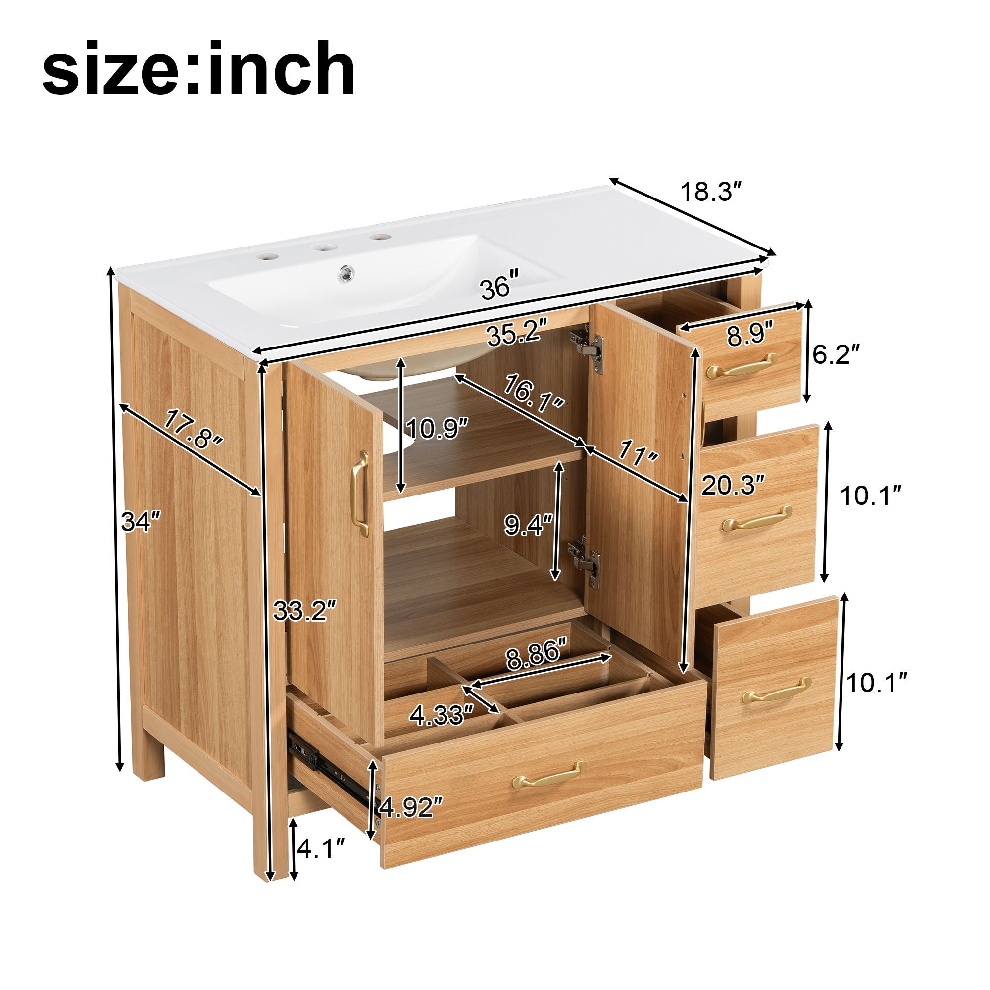36&quot; Bathroom Vanity, 2 Soft Close Doors, 4 Soft Close Drawers, Adjustable Shelf, Storage Cabinet - Acacia Wood