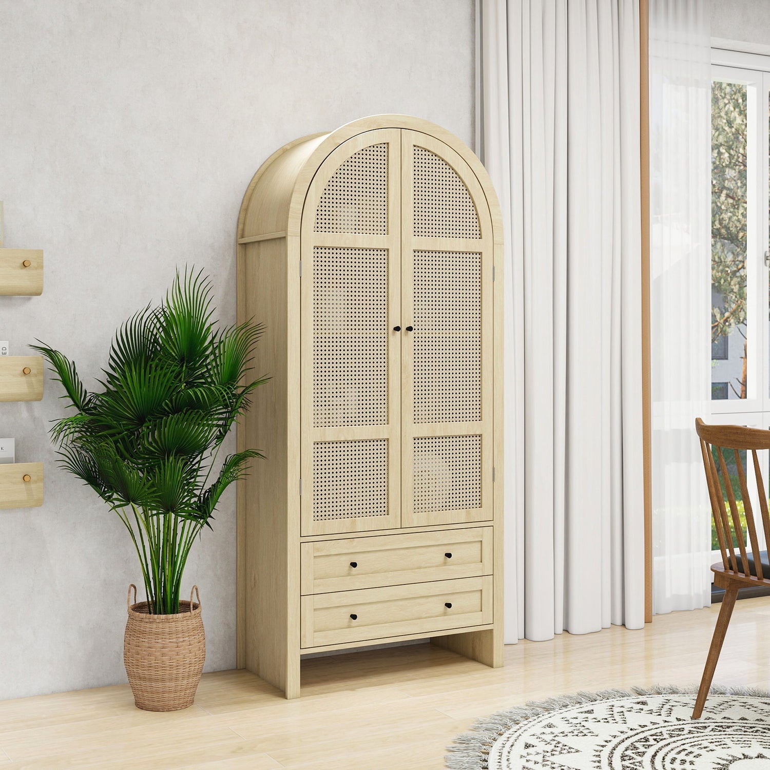 Tall Arched Kitchen Pantry, Arched Storage Display Cabinet With 2 Drawers &amp; Adjustable Shelves, Rattan Door Versatile Storage Cabinet For Kitchen, Dining Room, Living Room - Natural