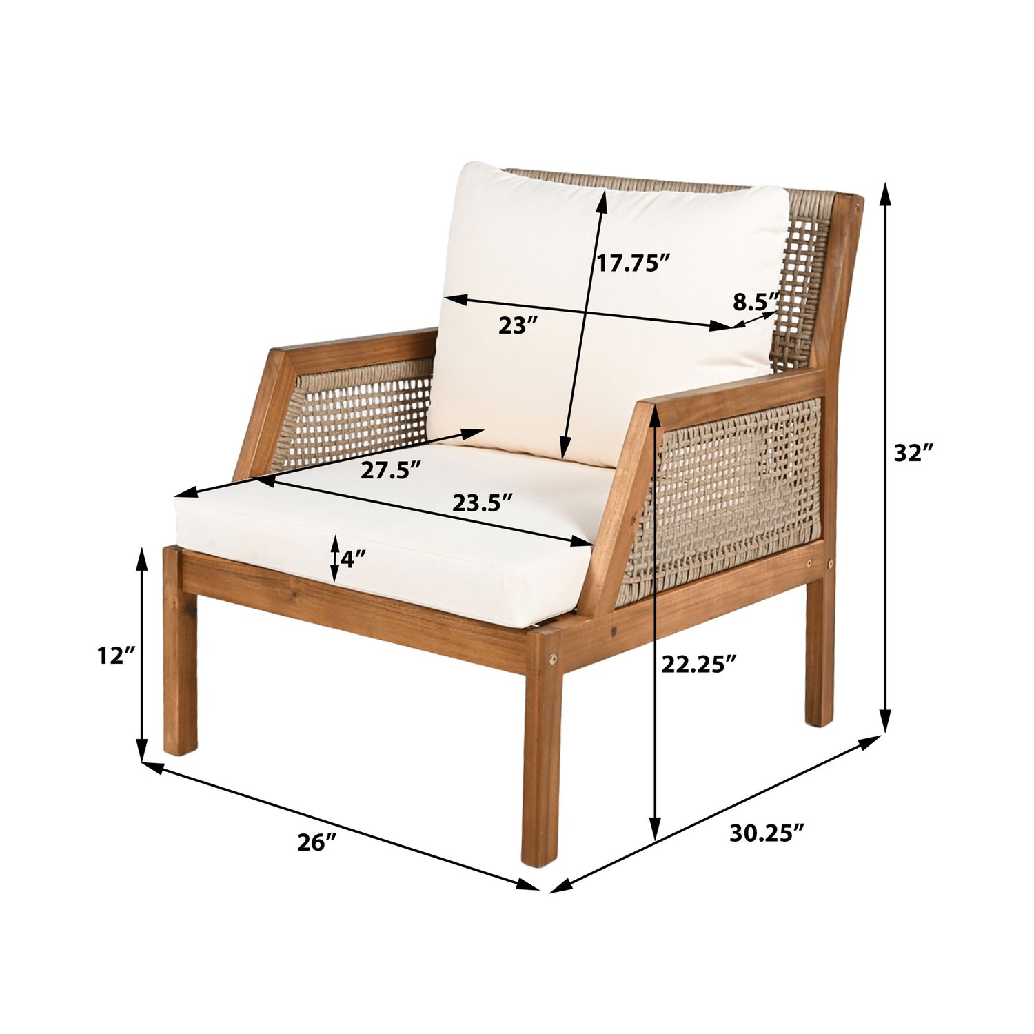 Acacia Wood Patio Furniture Club Chair, Outdoor Wicker Armchair, Deep Seating With Soft Cushions For Porch - Teak / Mix Brown