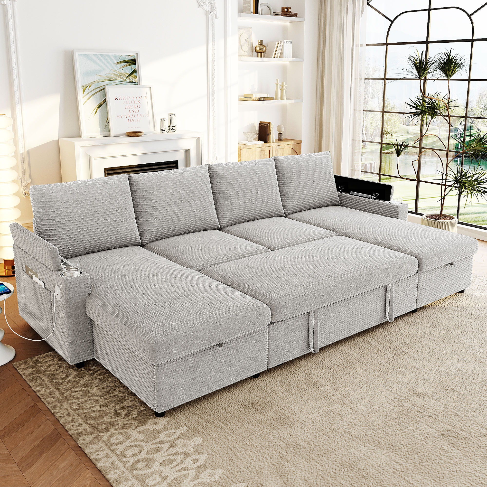 U Shaped Sectional Sofa Bed With Storage Chaise Lounges, USB Ports, And Cup Holders