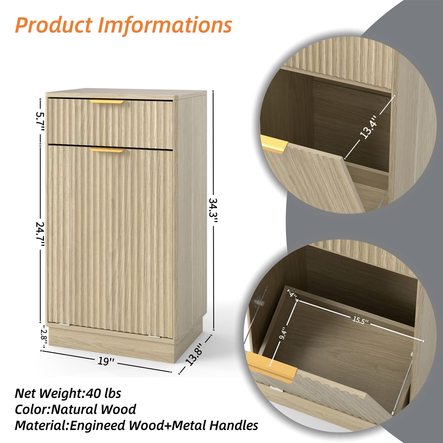 Tilt Out Trash Can Cabinet With Wave Textured Drawer &amp; Pull Out Bin