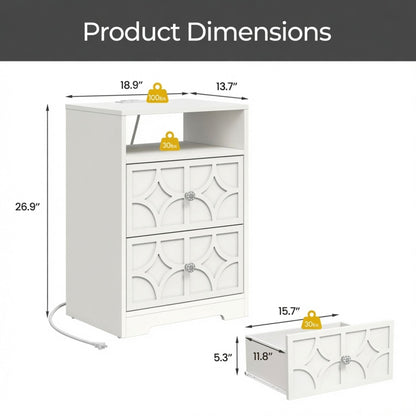 Nightstand With Diamond Carvings Handles, 2 Drawers &amp; Charging Station