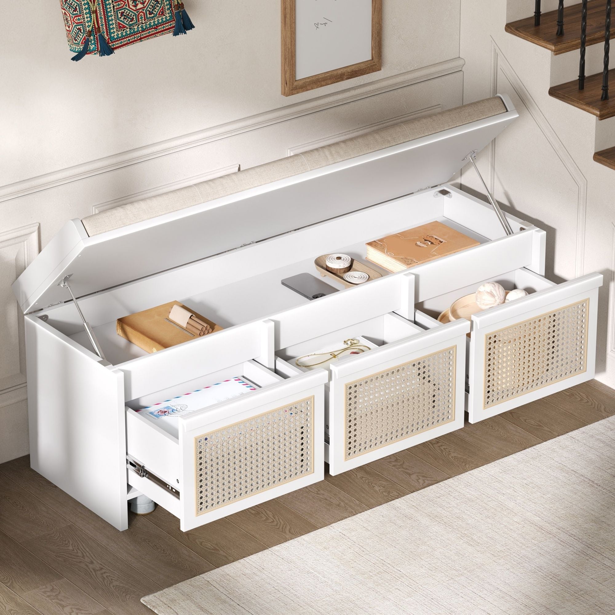 Entryway Shoe Bench With Drawers &amp; Button Tufted Cushion