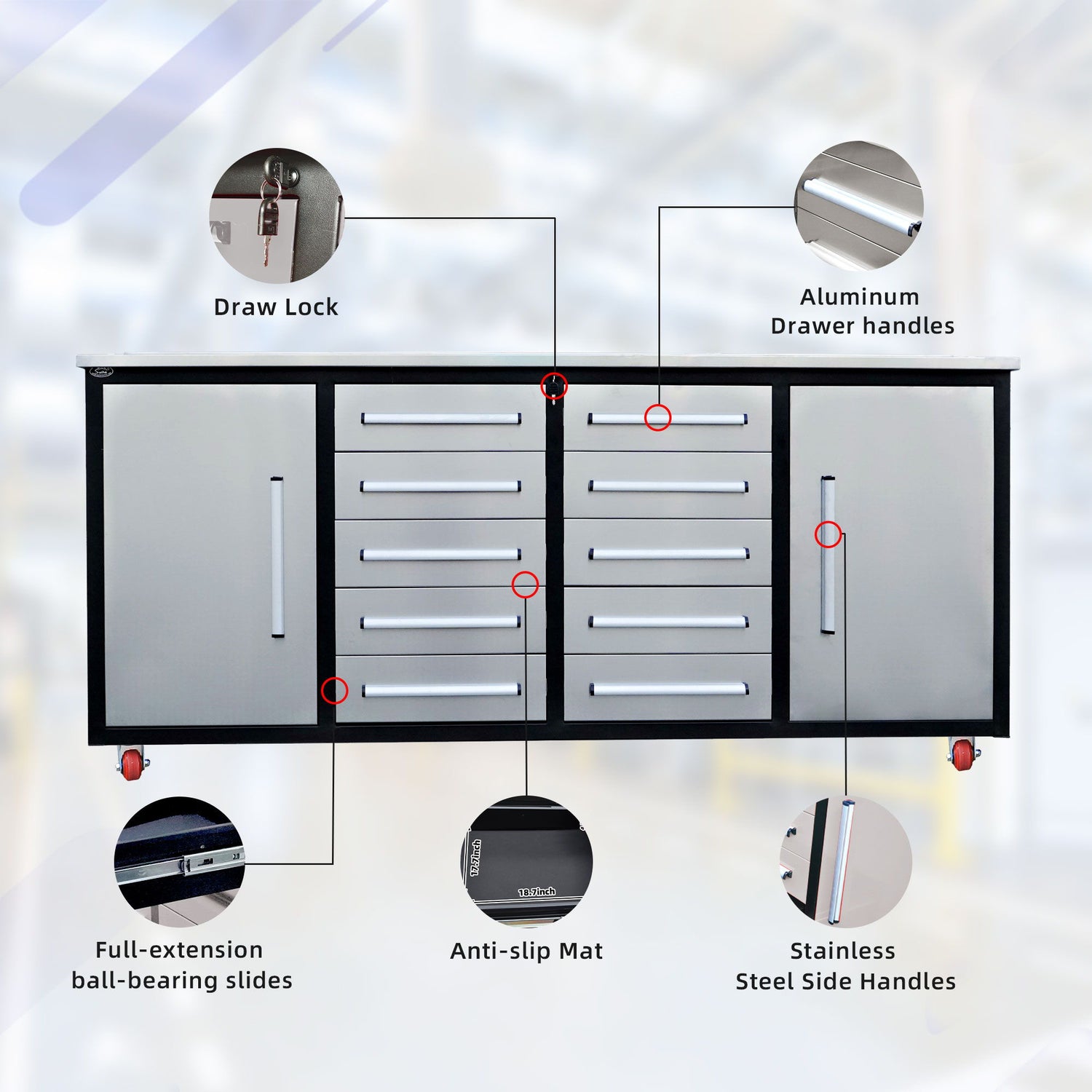 Storage Cabinets With Workbench (10 Drawers &amp; 2 Cabinets)