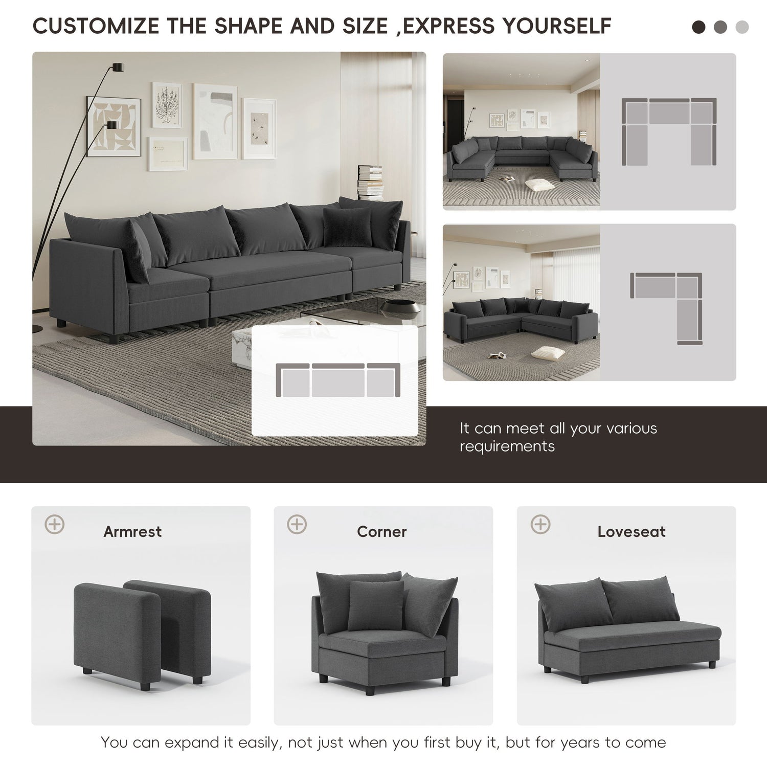Modern Modular Sectional Oversized 4 Seat Couch Set &amp; 4 Pillows, Minimalist Style Wide Seat Comfy Sofa - Gray
