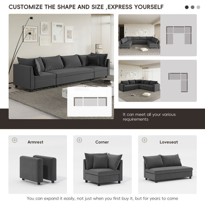Modern Modular Sectional Oversized 4 Seat Couch Set &amp; 4 Pillows, Minimalist Style Wide Seat Comfy Sofa - Gray