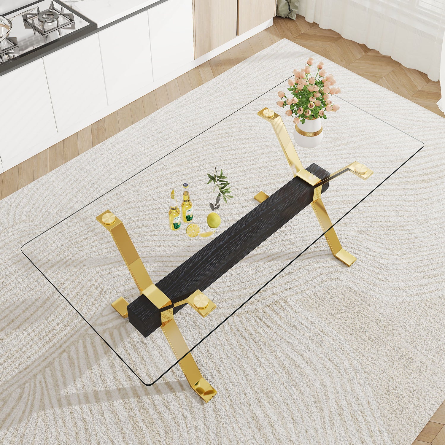 Modern Tempered Glass Dining Table With Metal Legs And Crossbars - Transparent