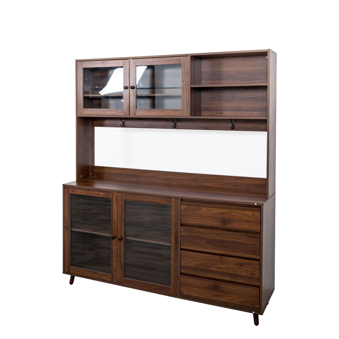 Large Kitchen Hutch Cabinet, Storage Kitchen Cupboard With 4 Doors, 4 Drawers &amp; Microwave Shelf - Walnut