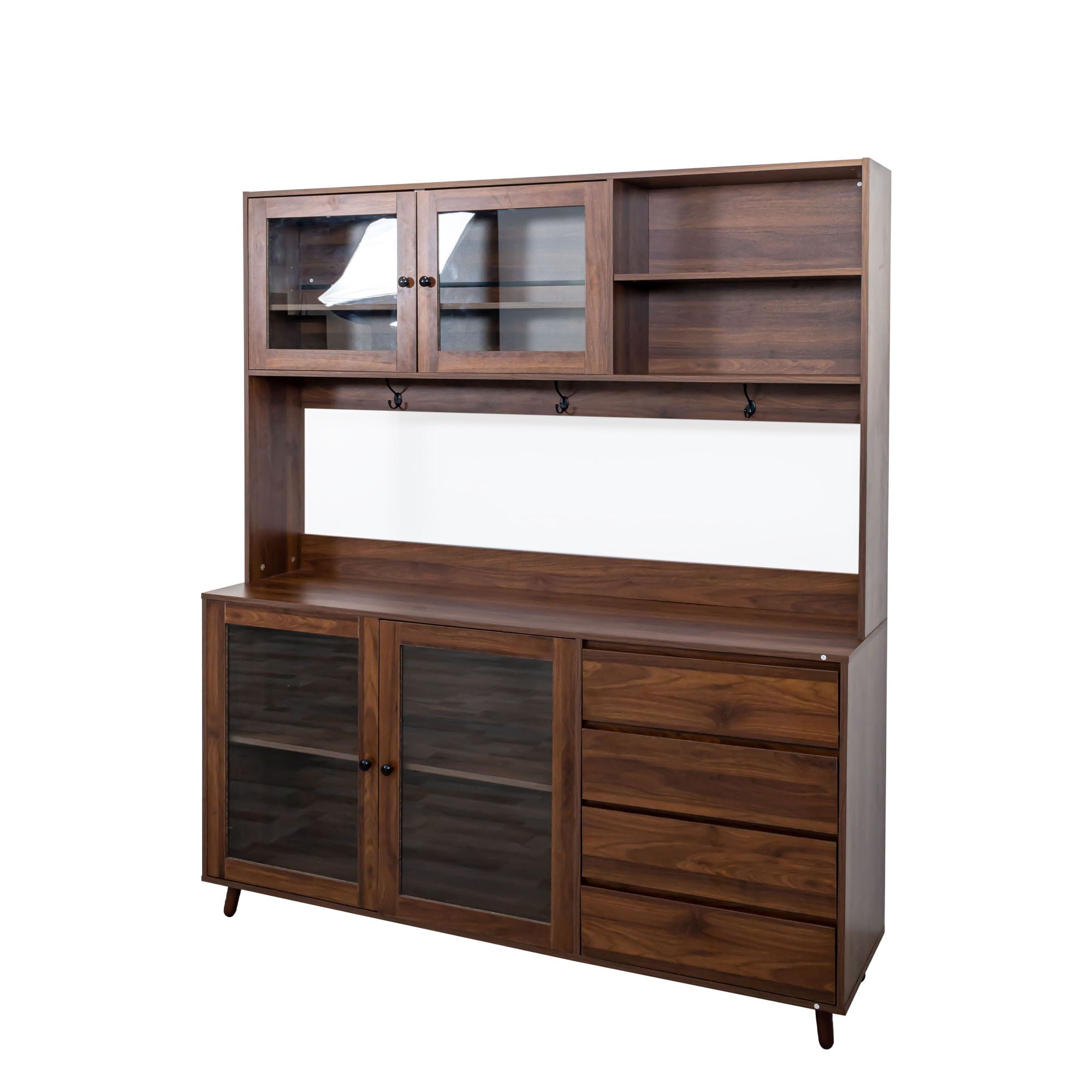 Large Kitchen Hutch Cabinet, Storage Kitchen Cupboard With 4 Doors, 4 Drawers &amp; Microwave Shelf - Walnut