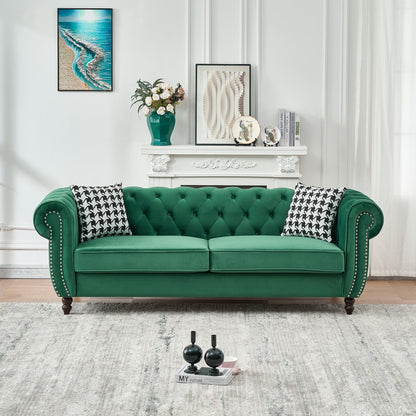 Mid Century Chesterfield Velvet Fabric Sofa With Roll Armrest &amp; Nailhead, Green, 87 Inches