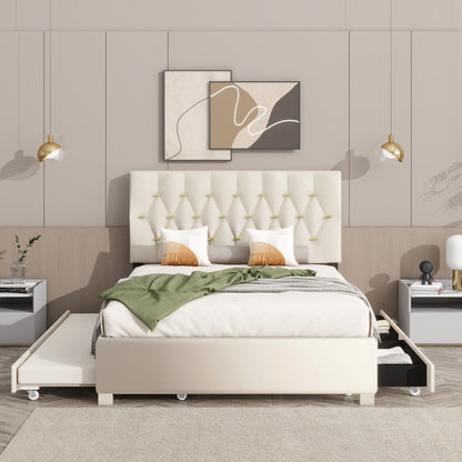 Queen Bed With Pull Out Trundle &amp; Storage Drawers, No Box Spring Required, Space Saving Design - Beige