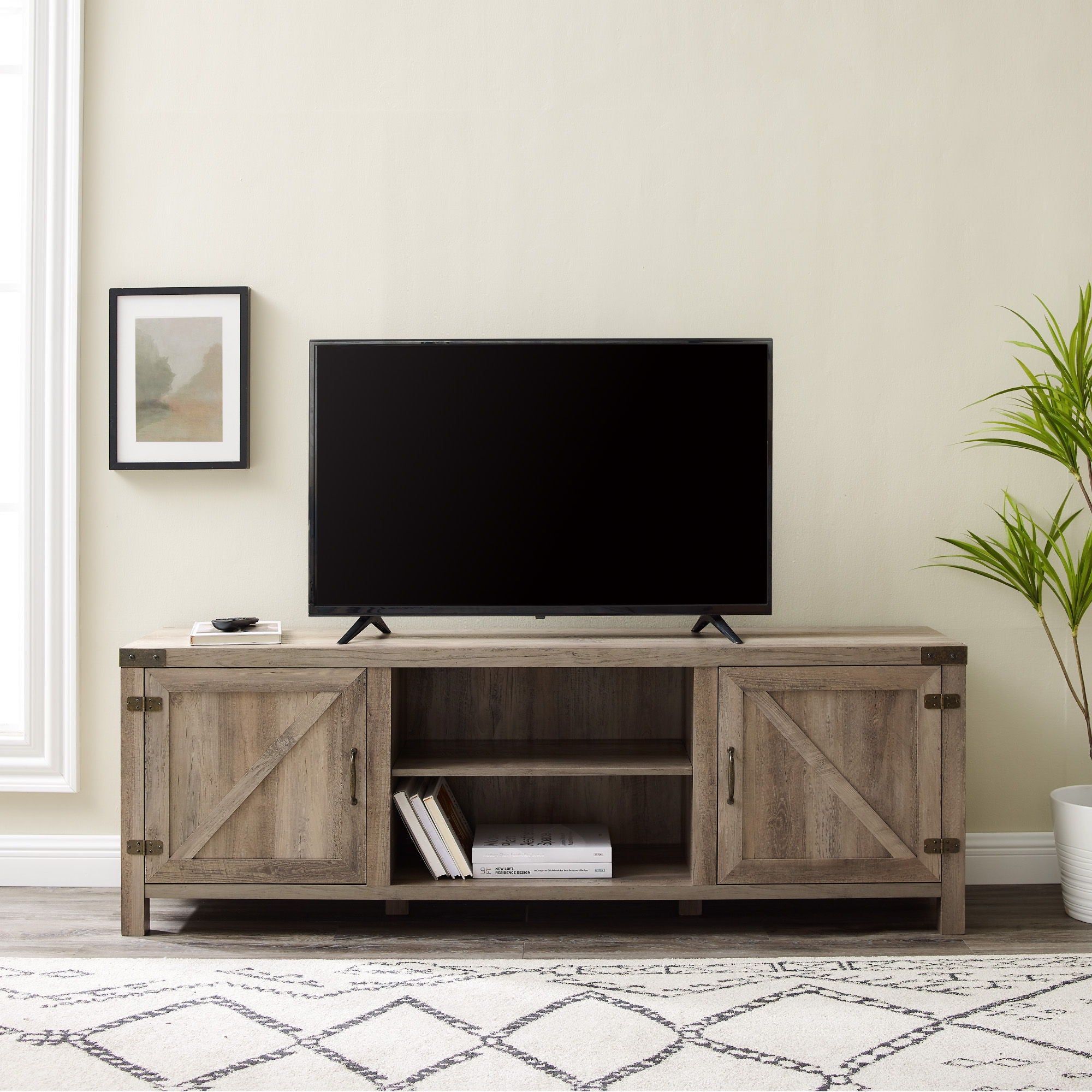 Rustic Farmhouse Double Barn Door 70&quot; TV Stand For 80&quot; TVs With Center Shelves