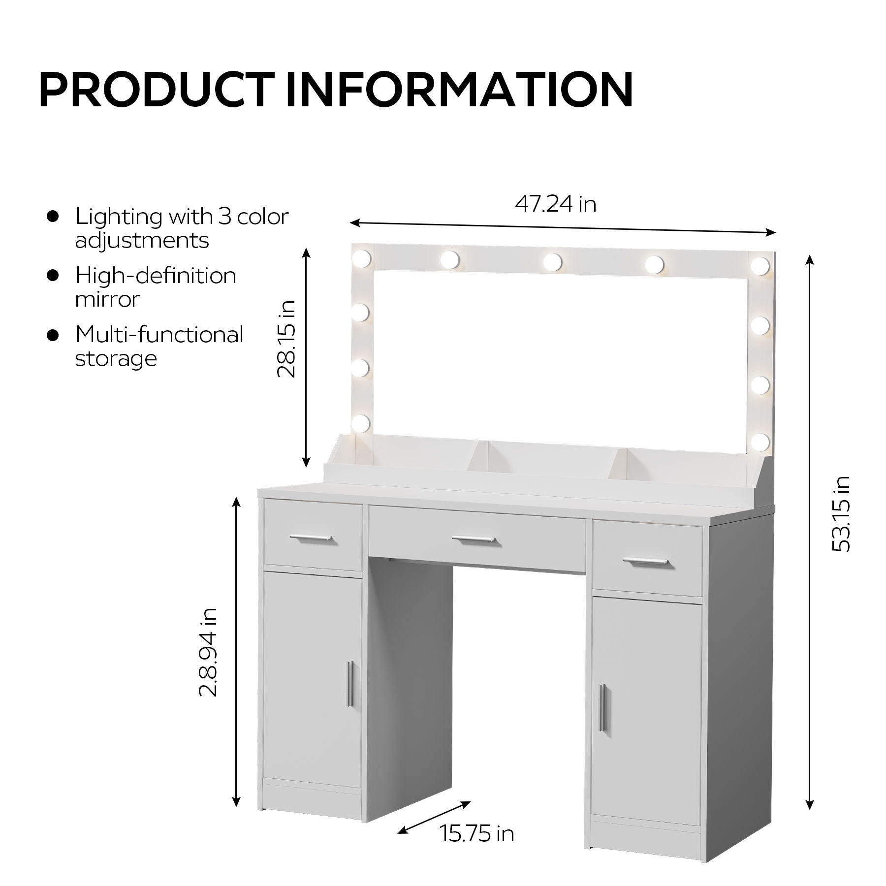 Vanity Desk With Large Mirror, 3 Colour Lighting Modes, Adjustable Brightness, Dresser With 3 Drawers &amp; 2 Vertical Cabinets, Makeup Vanity Table For Women &amp; Girls