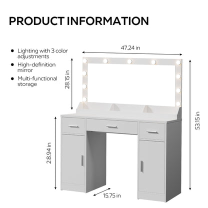 Vanity Desk With Large Mirror, 3 Colour Lighting Modes, Adjustable Brightness, Dresser With 3 Drawers &amp; 2 Vertical Cabinets, Makeup Vanity Table For Women &amp; Girls