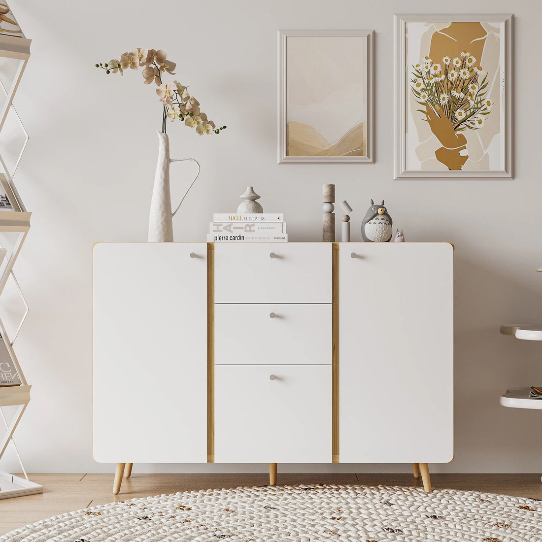 Sideboard Buffet Cabinet With 3 Drawers &amp; 2 Doors, Buffet Cabinet With Adjustable Shelves For For Living Room Dining Room Hallway, Kitchen - White