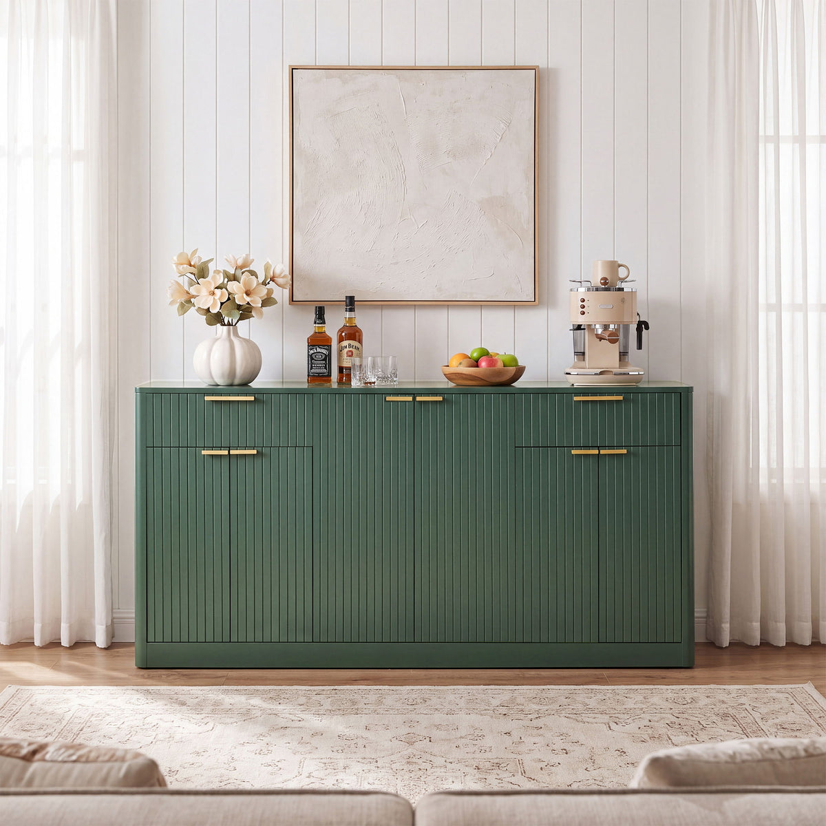 Large Fluted Buffet Sideboard, Wine Bar Storage Cabinet With 6 Doors &amp; 2 Drawers