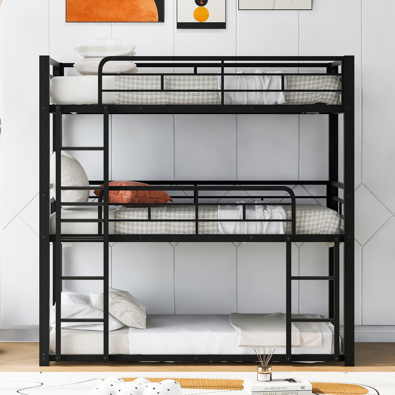 Triple Bunk Bed With Sturdy Construction And Space Saving Design