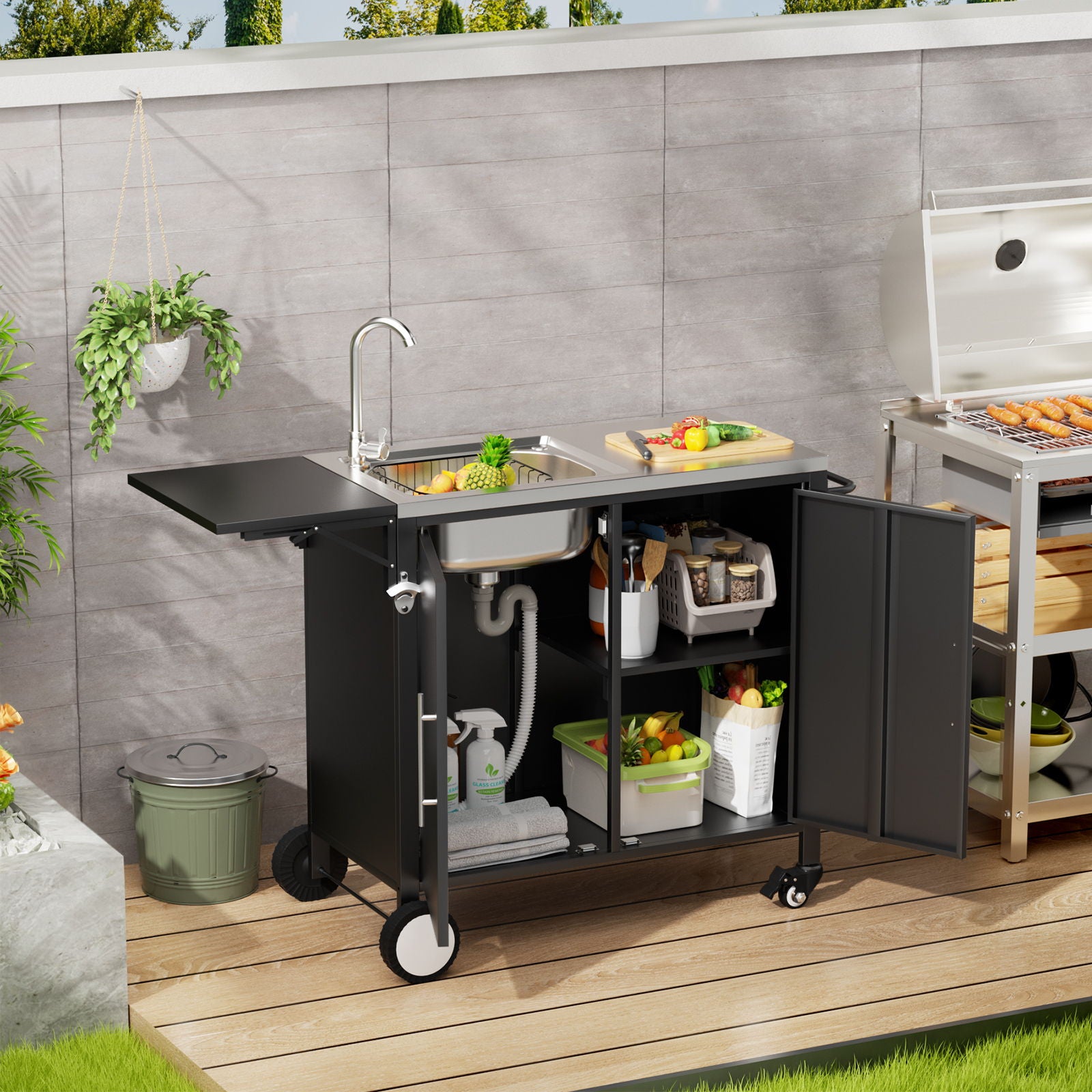 Outdoor Grill Table With Sink, Worktable Kitchen Cabinet Island With Wheels &amp; Foldable Top - Black