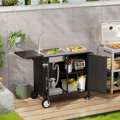 Outdoor Grill Table With Sink, Worktable Kitchen Cabinet Island With Wheels &amp; Foldable Top - Black