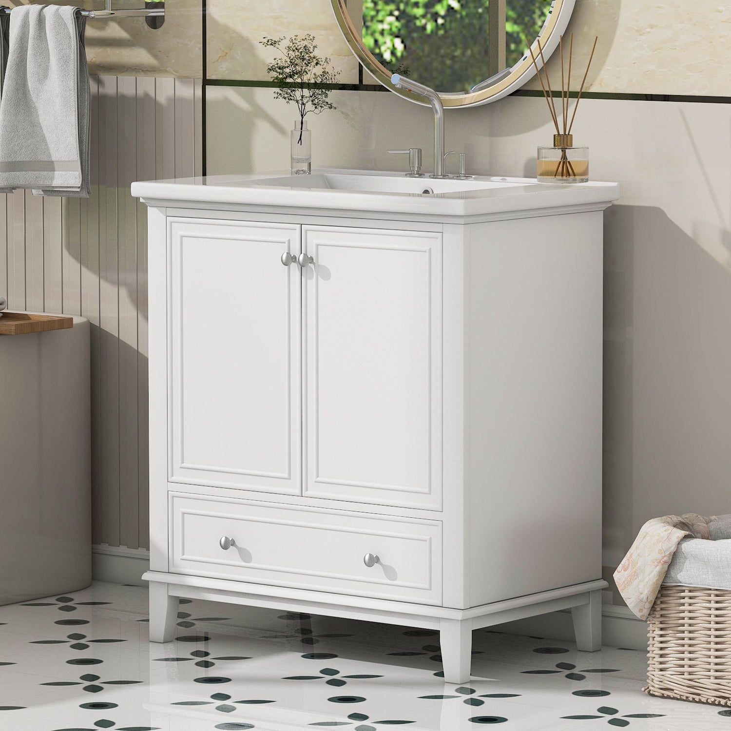 30" Bathroom Vanity With Sink Combo Undermount Sink, Cabinet With Doors And Drawer - White