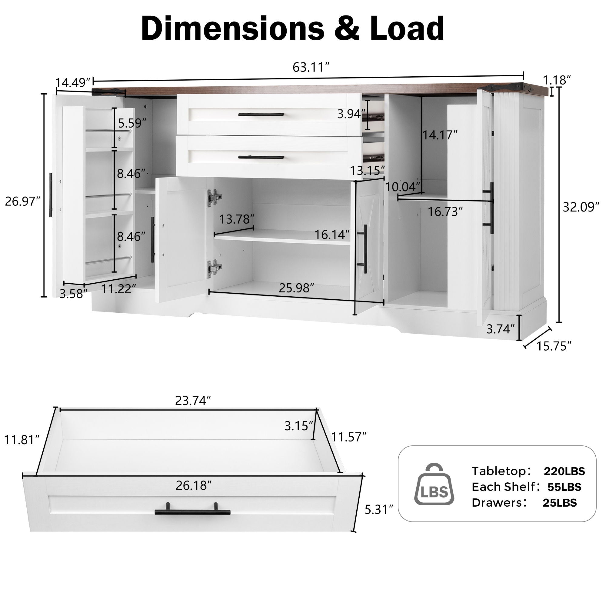Barn Door Storage Cabinet With 2 Drawers &amp; Door Rack, Adjustable Shelves